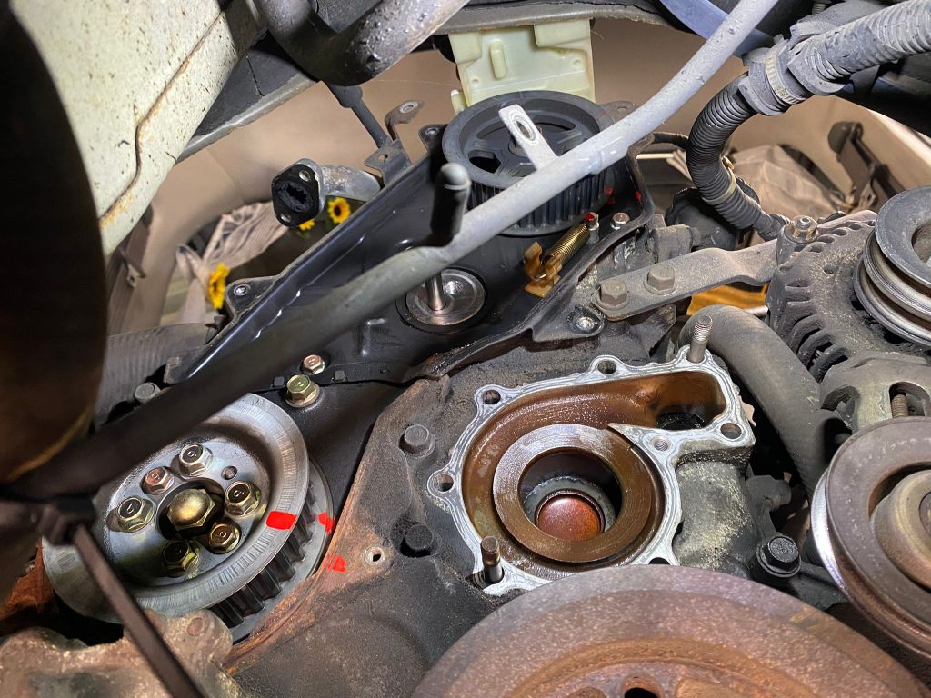 Mazda Bongo engine bay after fitting new timing belt and water pump