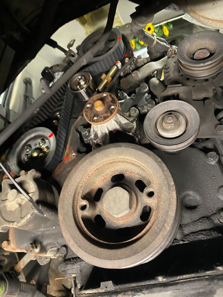 Mazda Bongo engine bay after fitting new timing belt and water pump