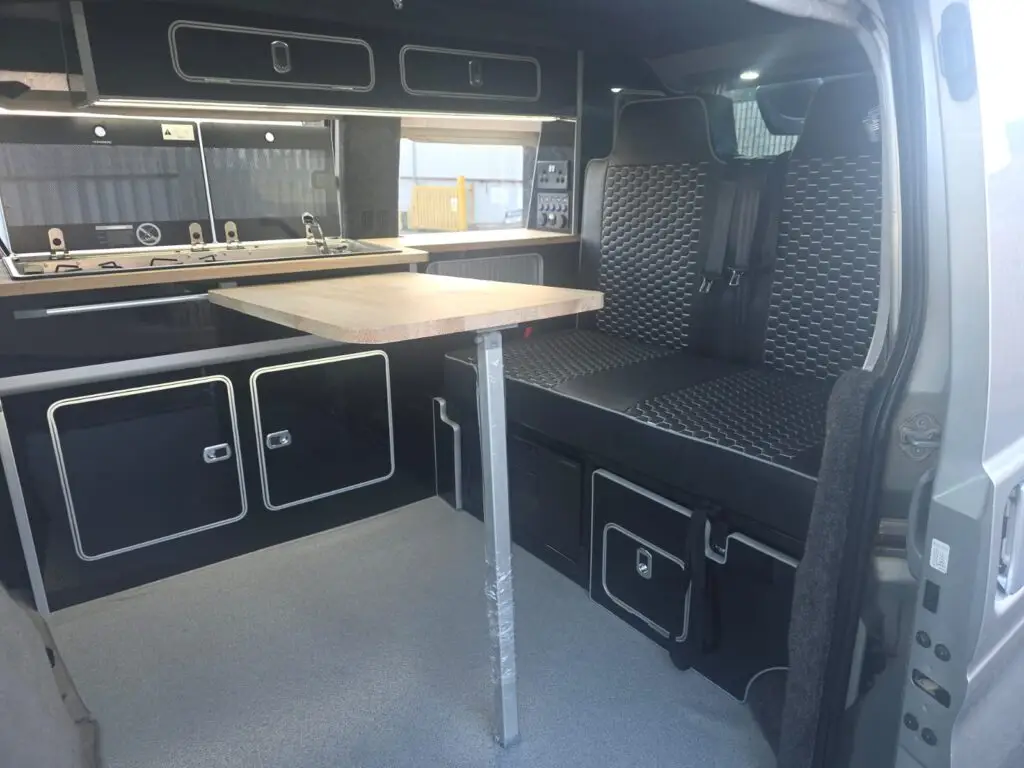 Mazda Bongo camper interior with hardwood worktop